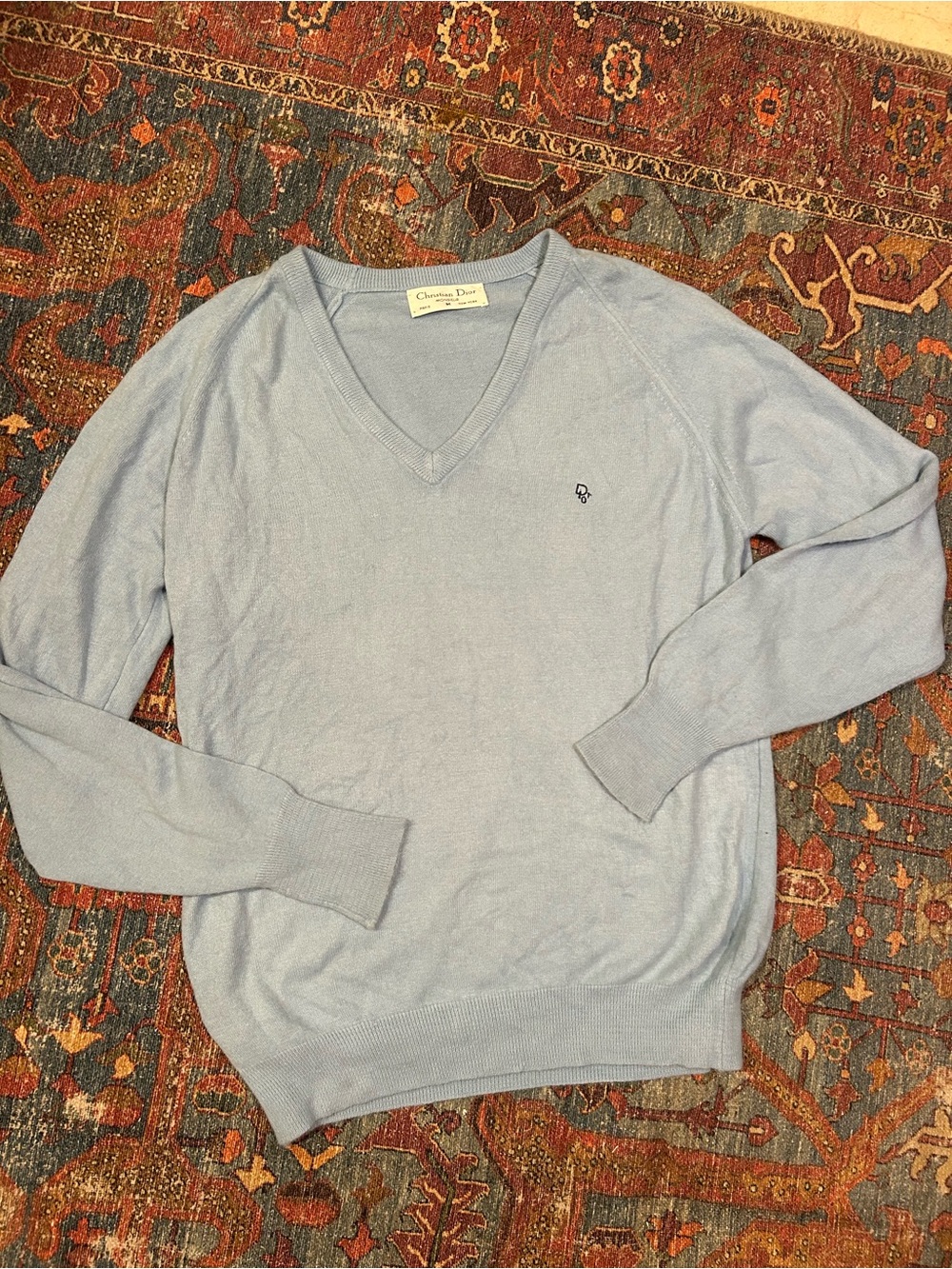 Vintage Dior Men's Pale Blue V-Neck Sweater